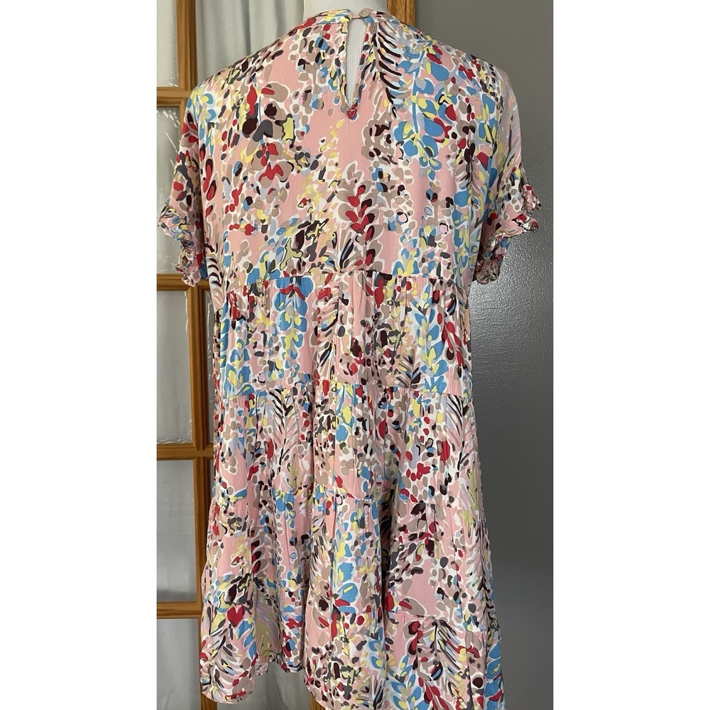 OTT Tiered Floral Babydoll Mini Dress Sz M Pink Ruffles Peasant Boho Beach - Picture 3 of 11